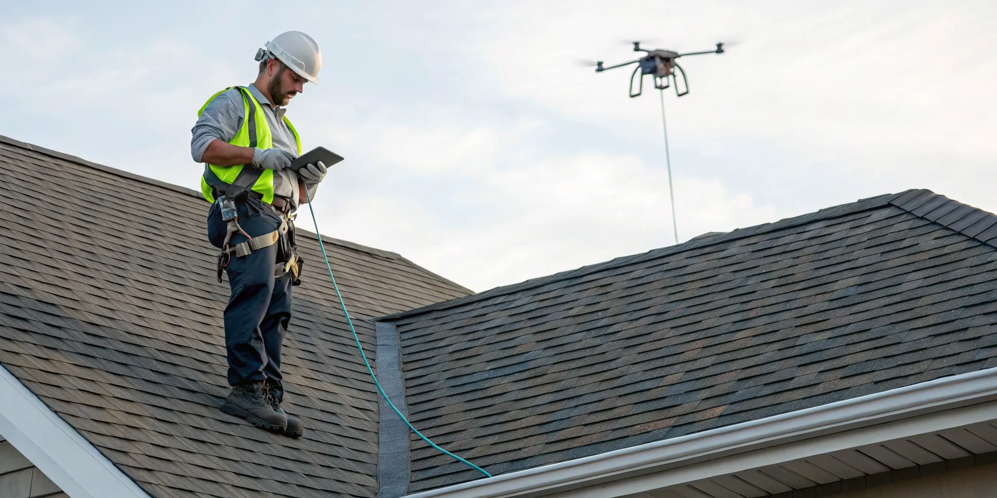 Certified roof inspector using a tablet and drone for a detailed roof inspection.