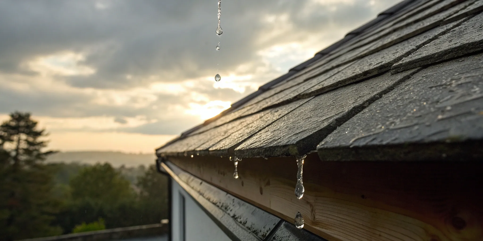 Water dripping from a lifted shingle, a clue used to find the source of a roof leak.