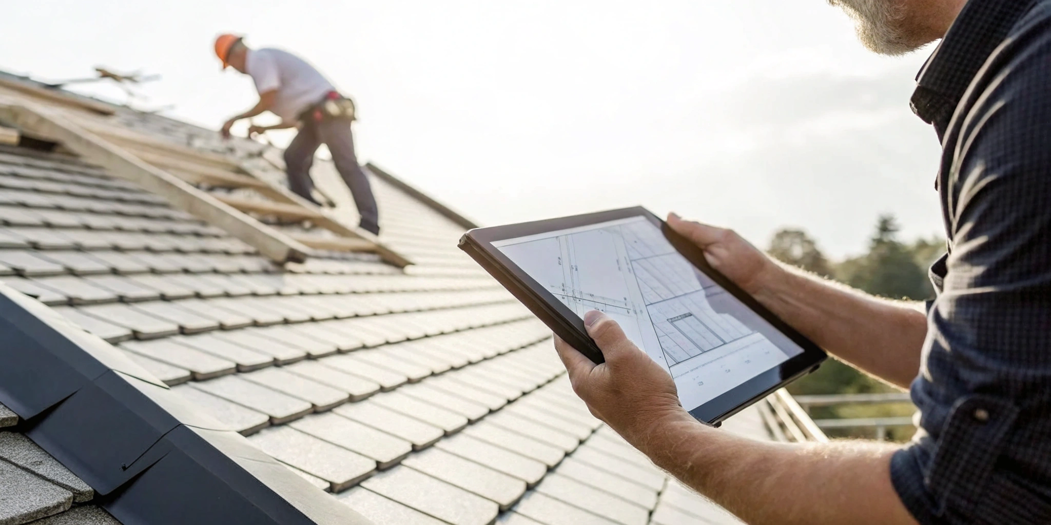 Roof inspector using a roof inspection checklist app on a tablet during a rooftop inspection.