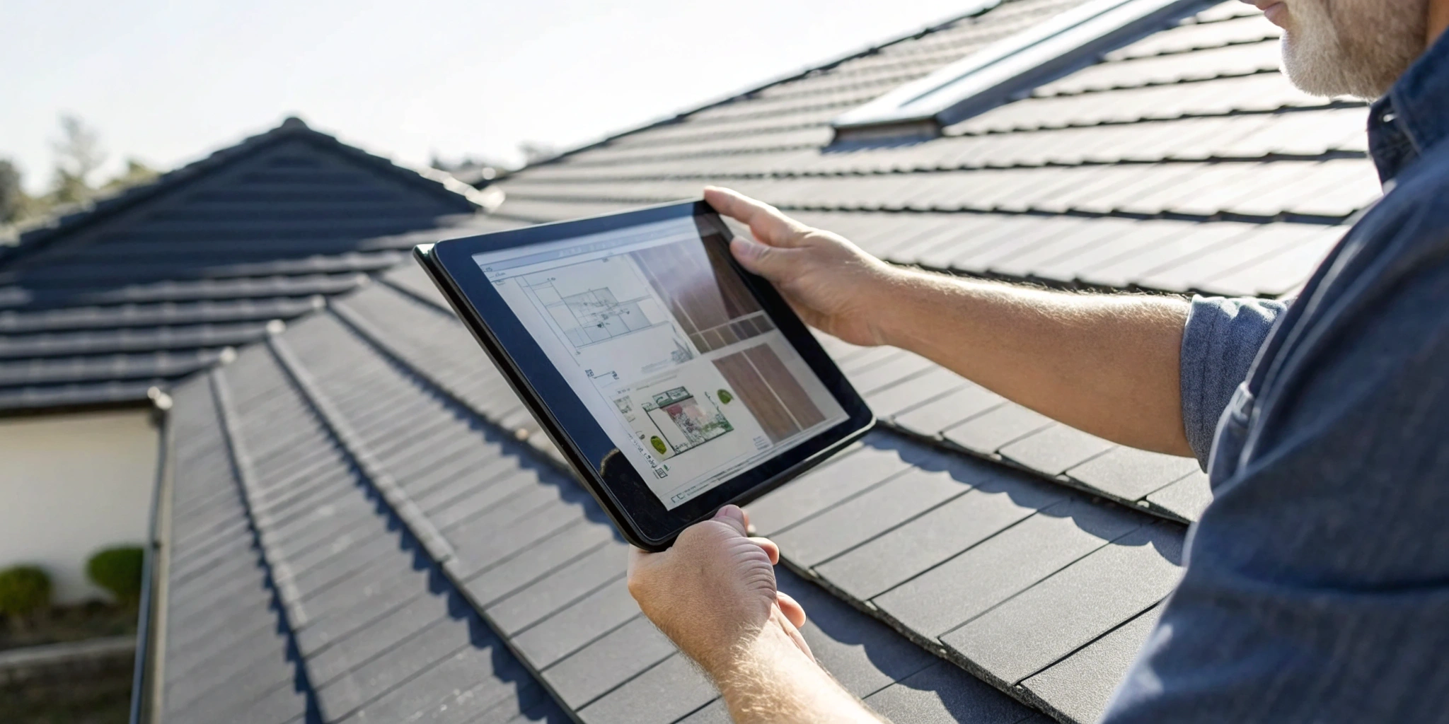 Roofer on a rooftop using a tablet to work through roof inspection software features on site.