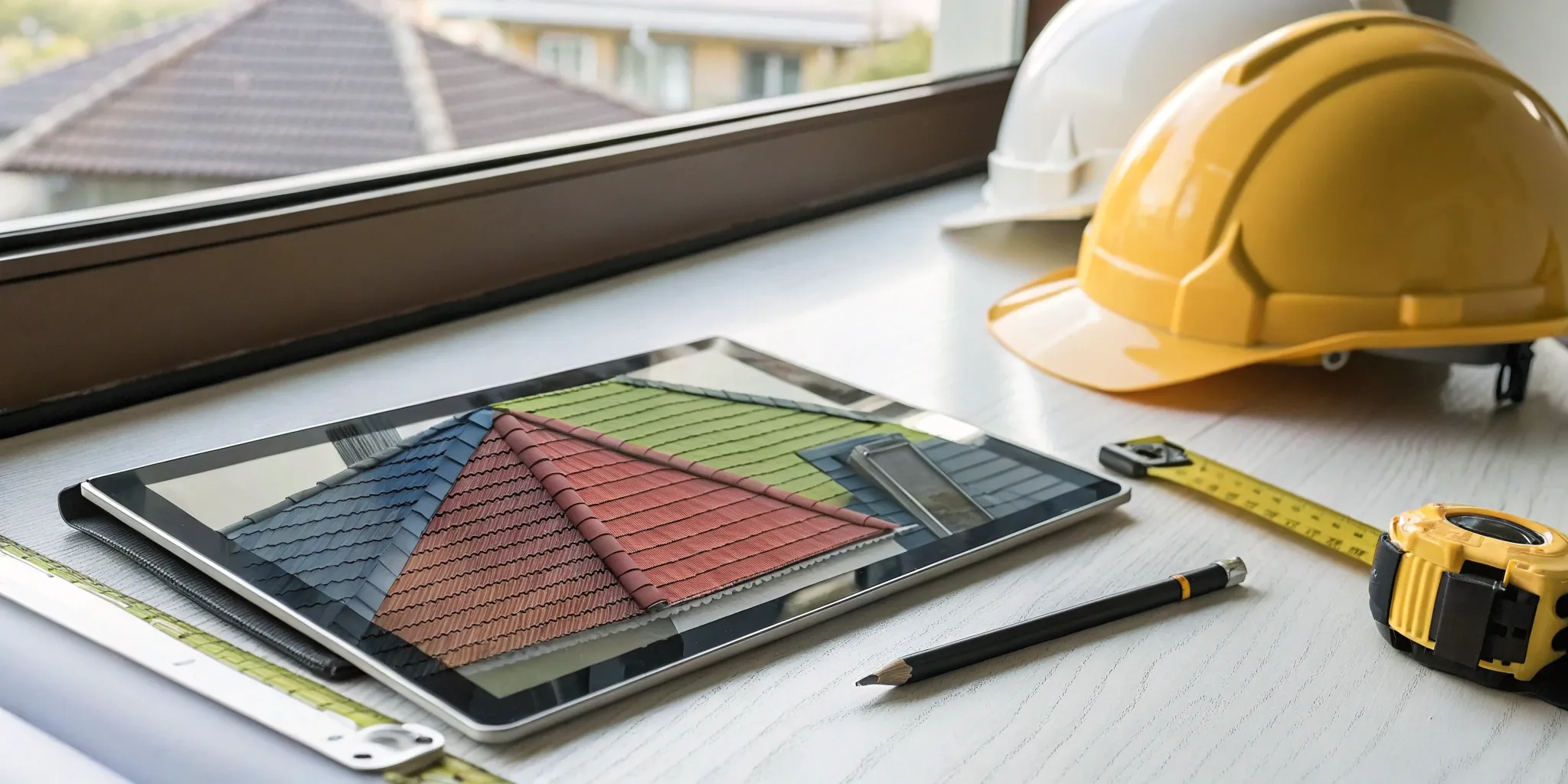 Tablet showing a roof inspection app with an annotated roof diagram and photo list.
