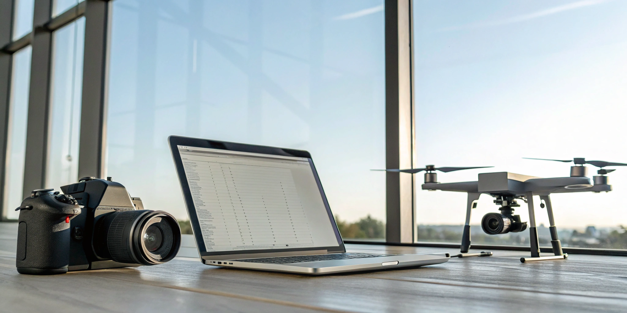 Laptop, drone and camera on a desk, the toolkit behind professional roof reports.