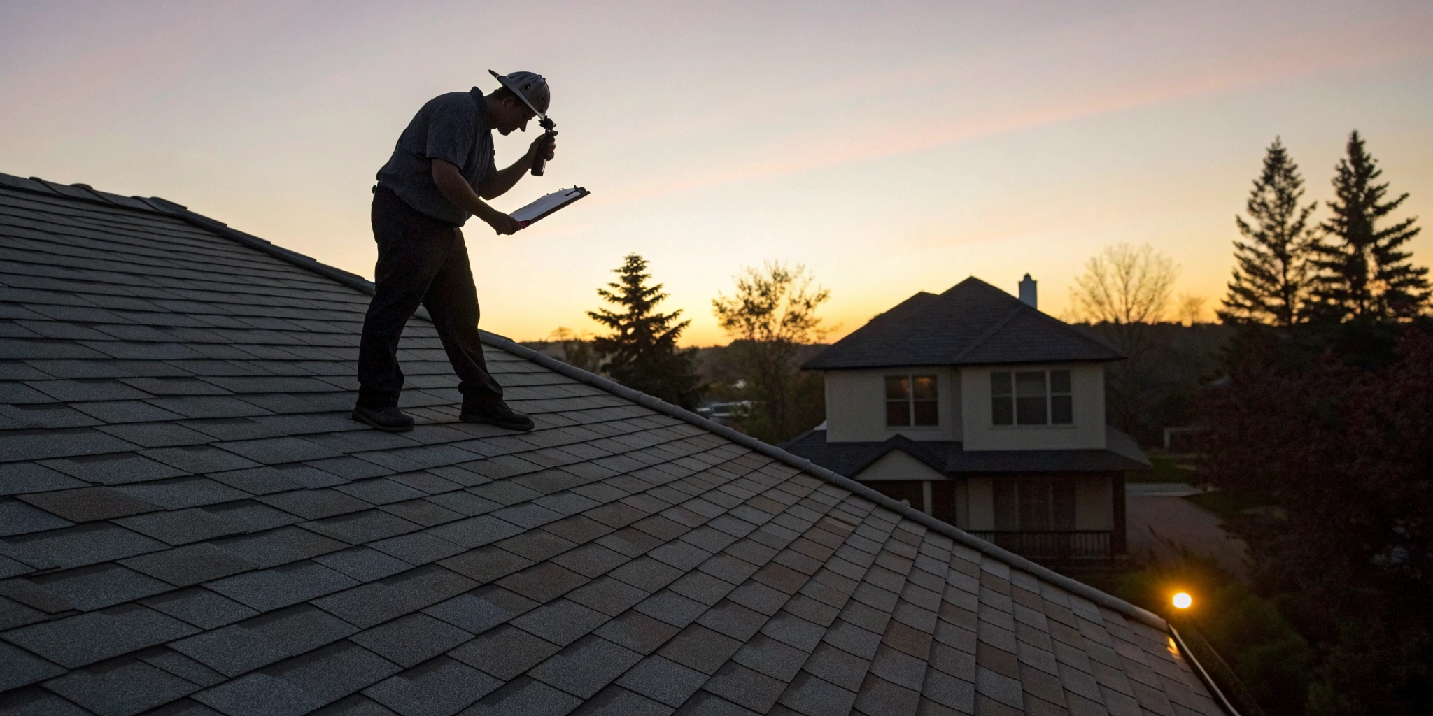 Inspector examining a shingle roof during an insurance approved roof inspection.