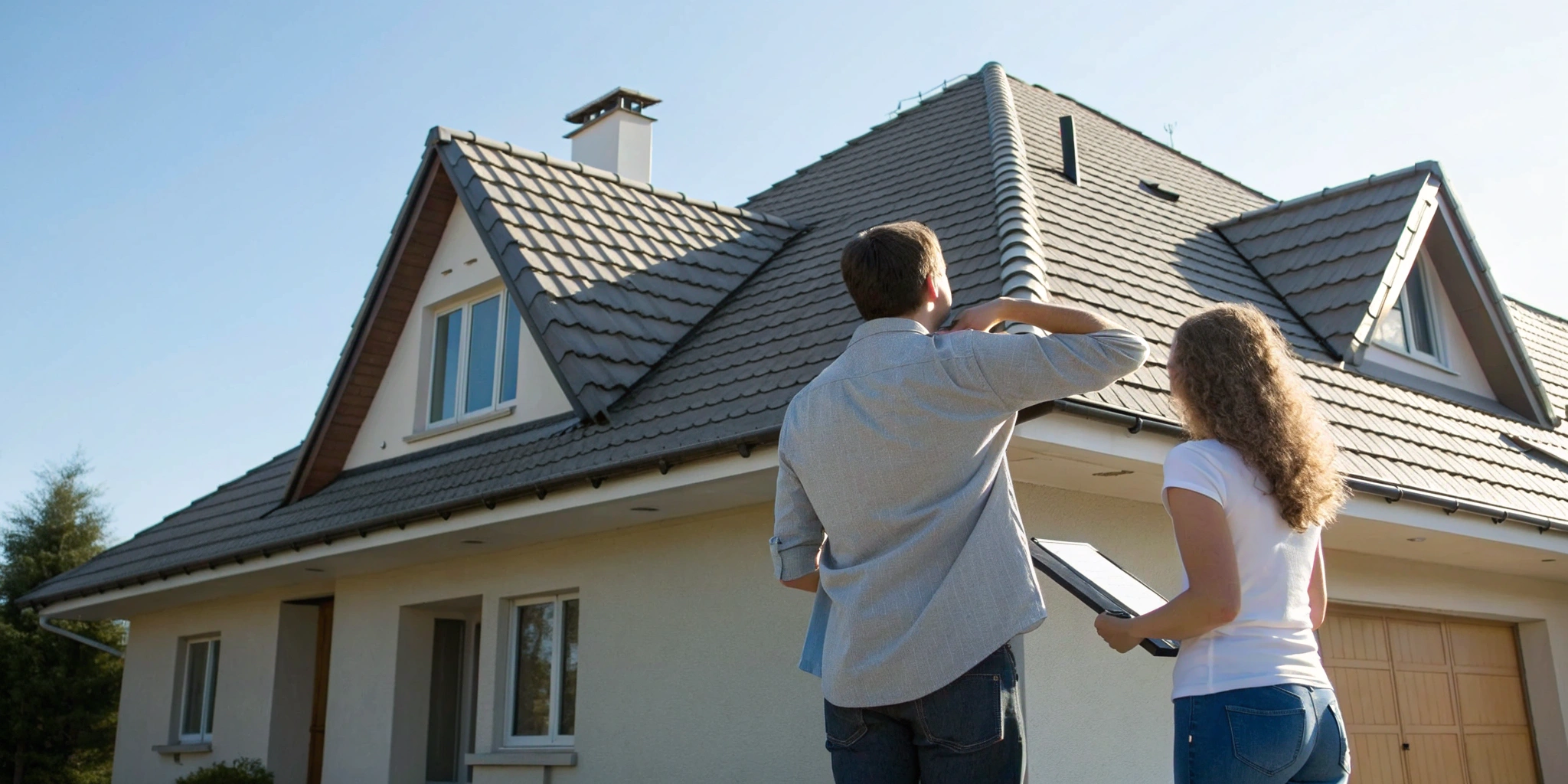 New homeowners at a kitchen table reviewing transferable roof warranty paperwork after closing.