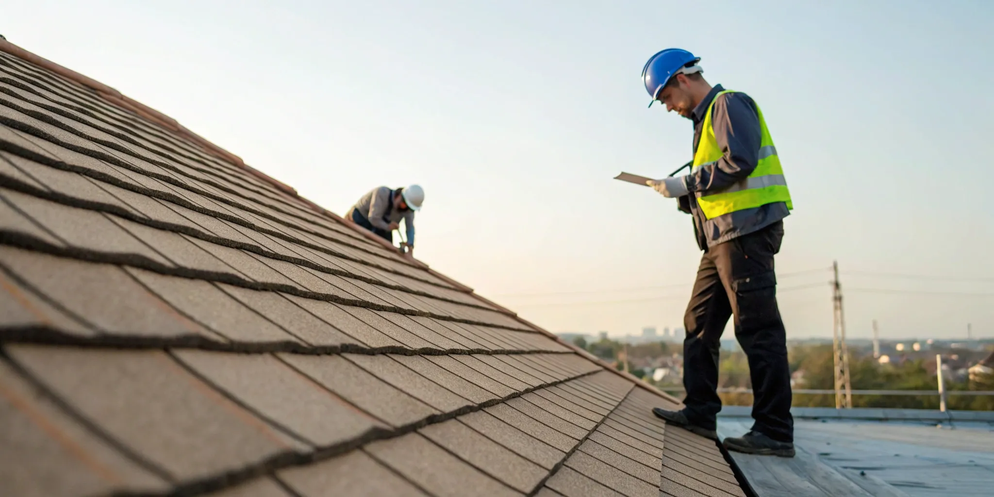 Inspector completing a commercial roof inspection checklist on a flat commercial roof.