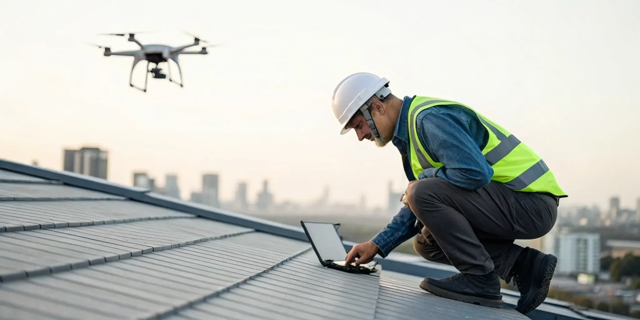 Inspector using a drone to assess a flat commercial roof during a commercial roof inspection