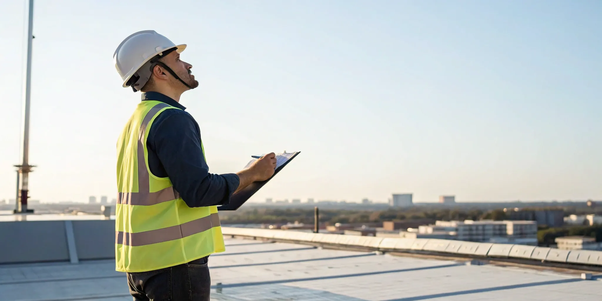 Construction inspector applying construction inspection training during a rooftop inspection.
