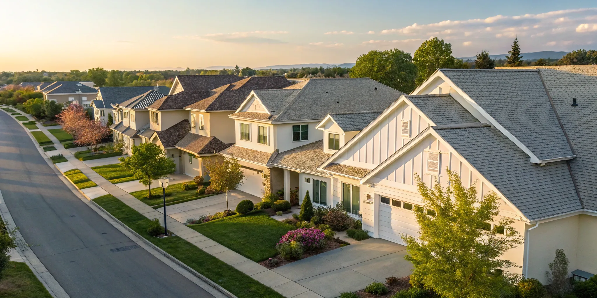 New roofs on a row of homes, a factor in whether a roof warranty increases home value at resale.