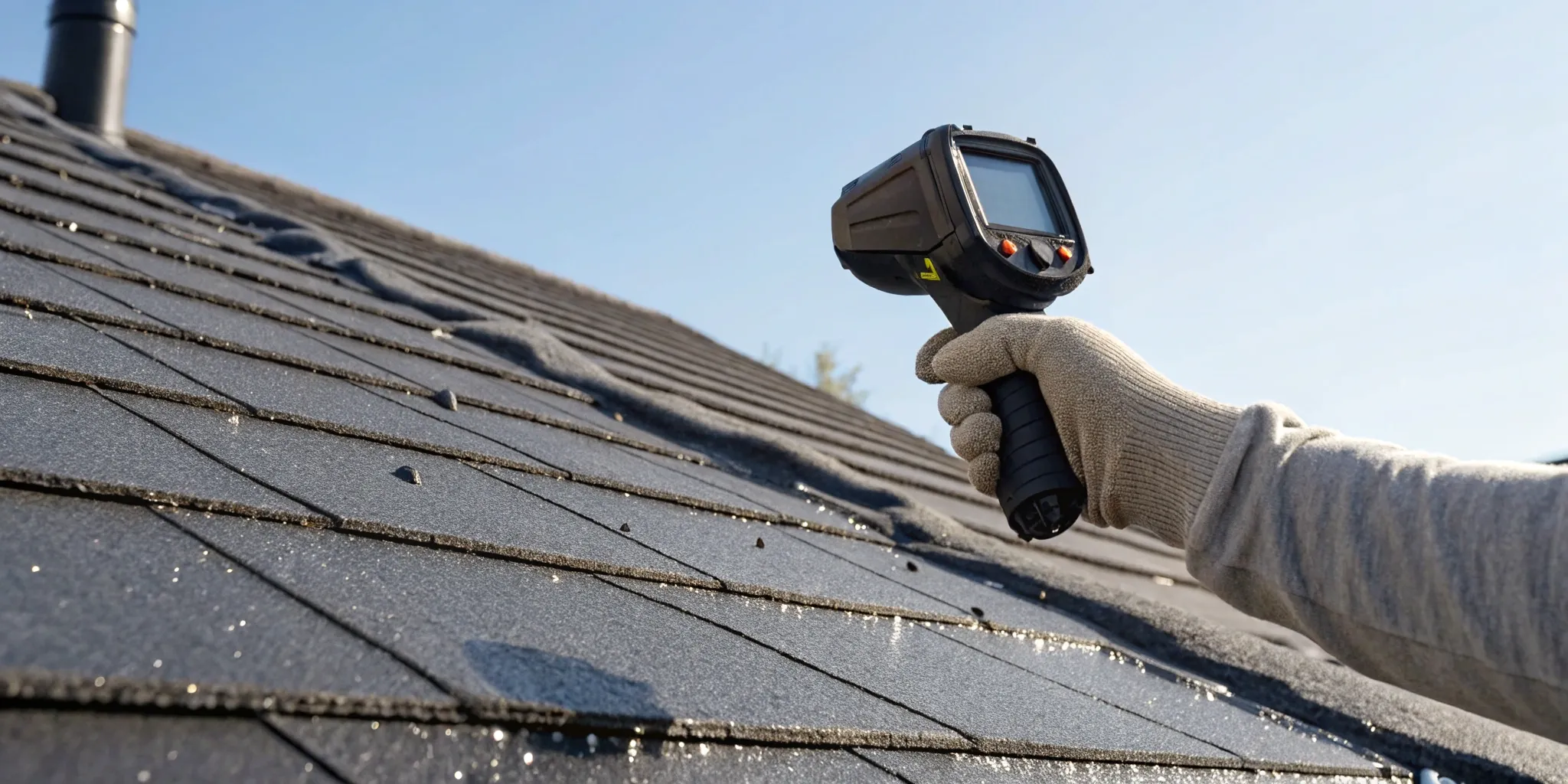 Inspector using a thermal imaging camera during a forensic roof inspection to locate trapped moisture.