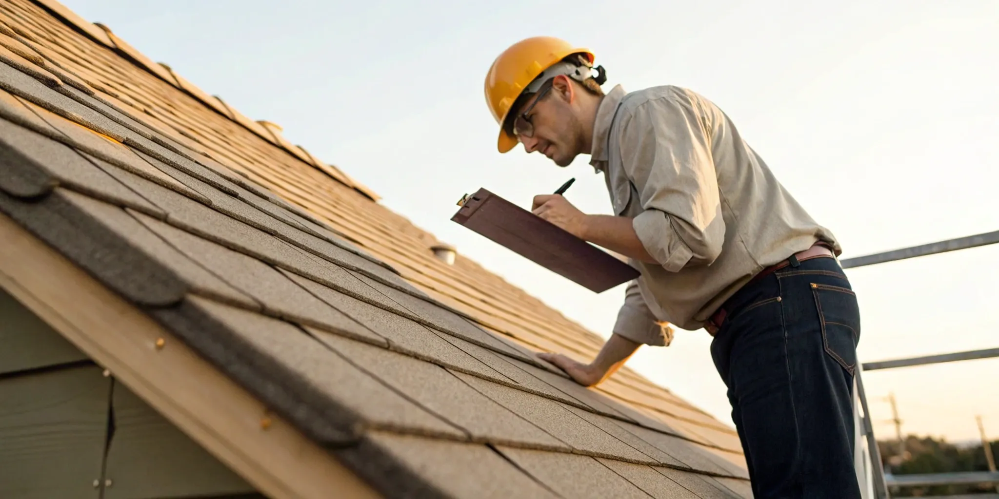 Roofing contractor on a shingle roof completing a roof inspection template on a clipboard.