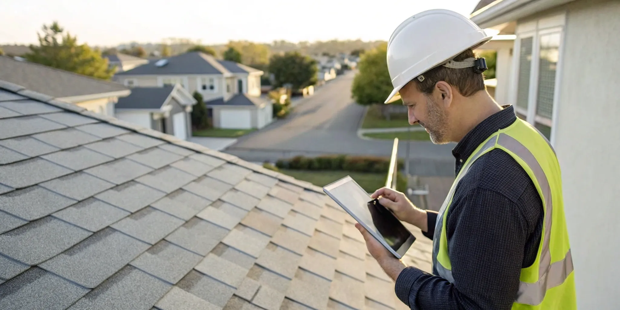 Roof inspector completing a digital roof inspection report template on a tablet at a job site