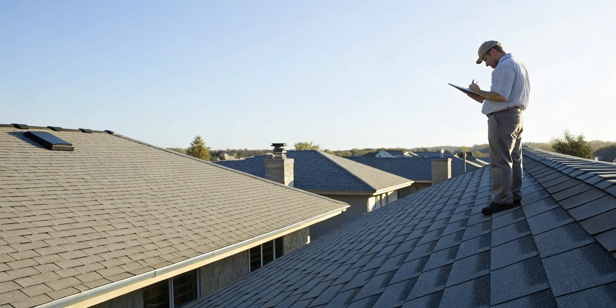 Inspector on a shingle roof completing a roof report template on a tablet.