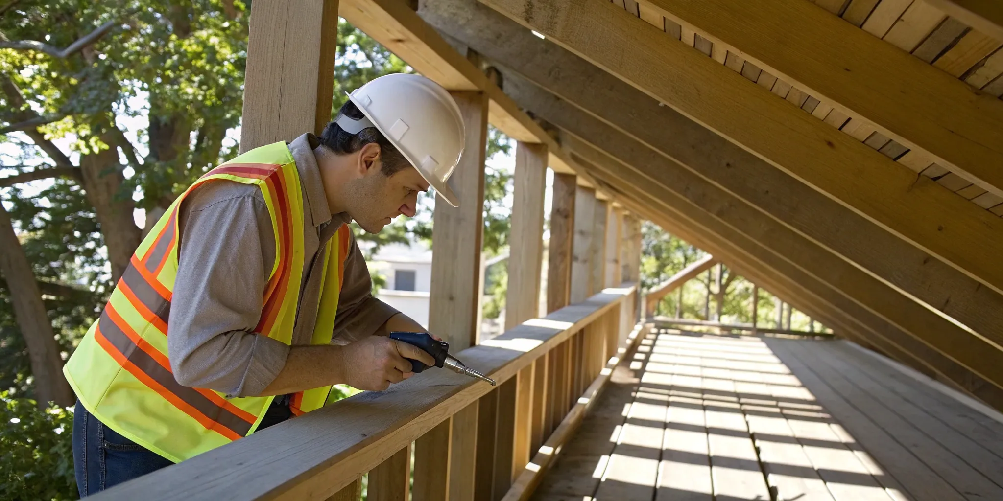 Certified deck inspector examining the ledger connection beneath an apartment balcony.