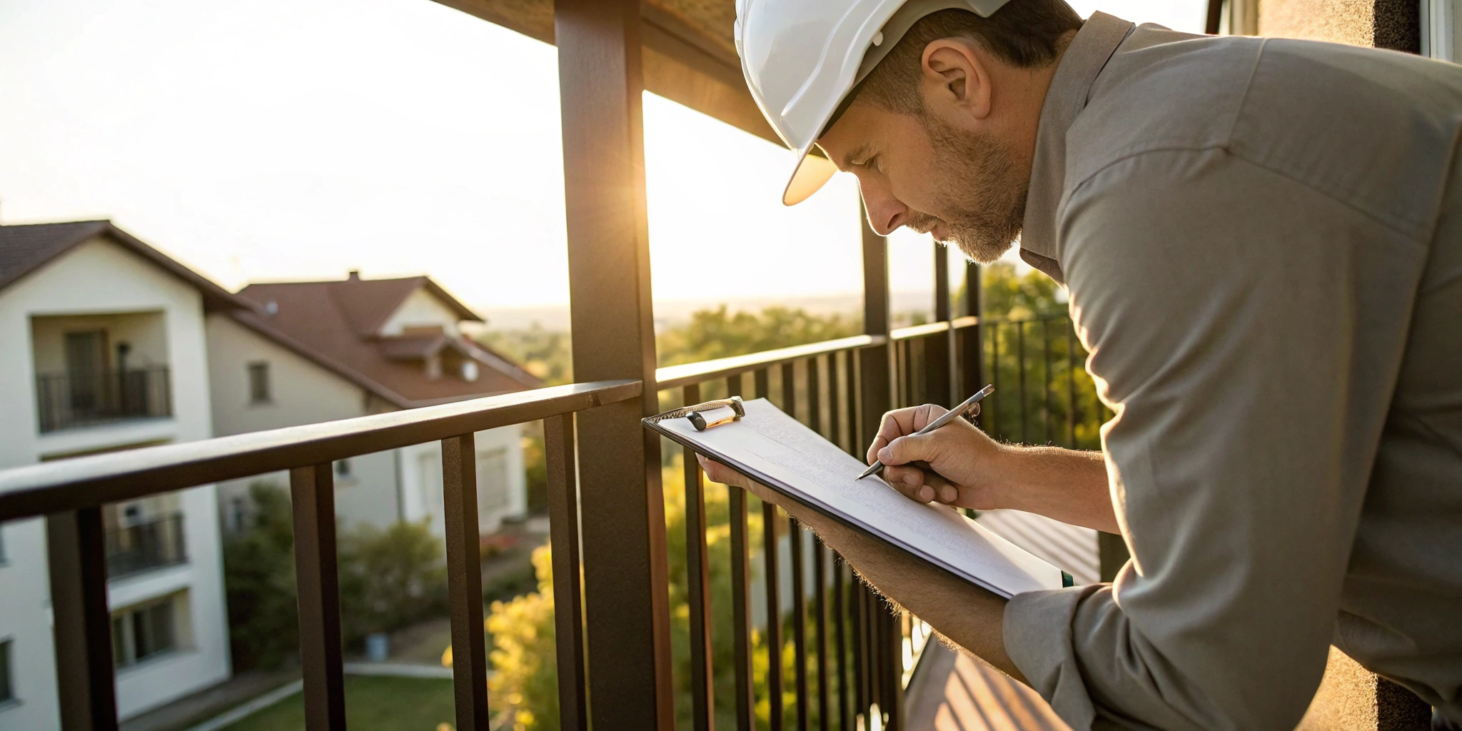 Inspector performing a multifamily balcony inspection on a wood-framed apartment balcony.