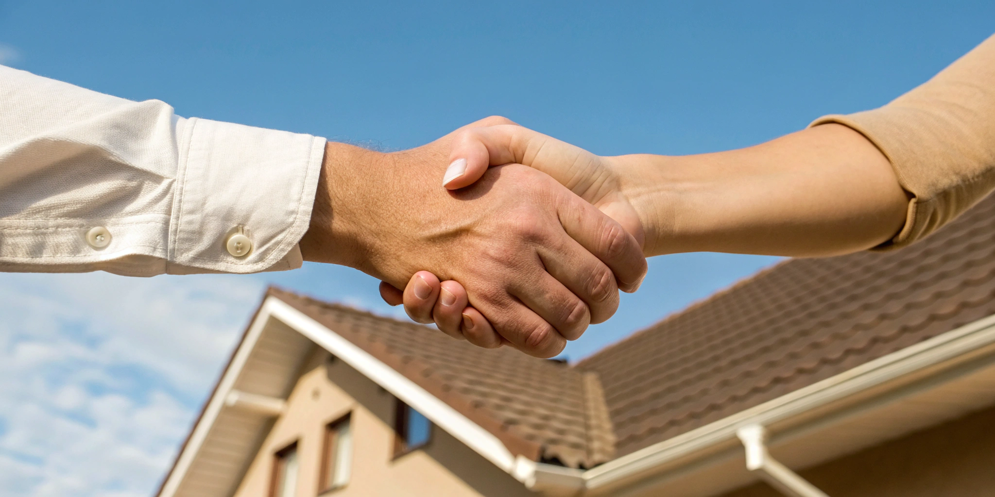 Two people shaking hands in front of a house at the close of a roof warranty transfer.