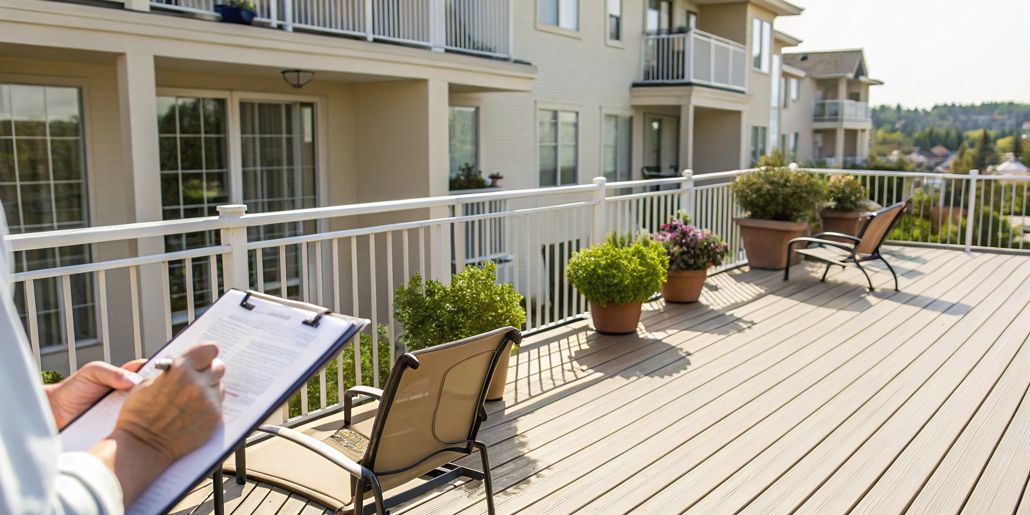 Inspector examining an apartment balcony ledger connection while assessing deck inspection cost and condition.