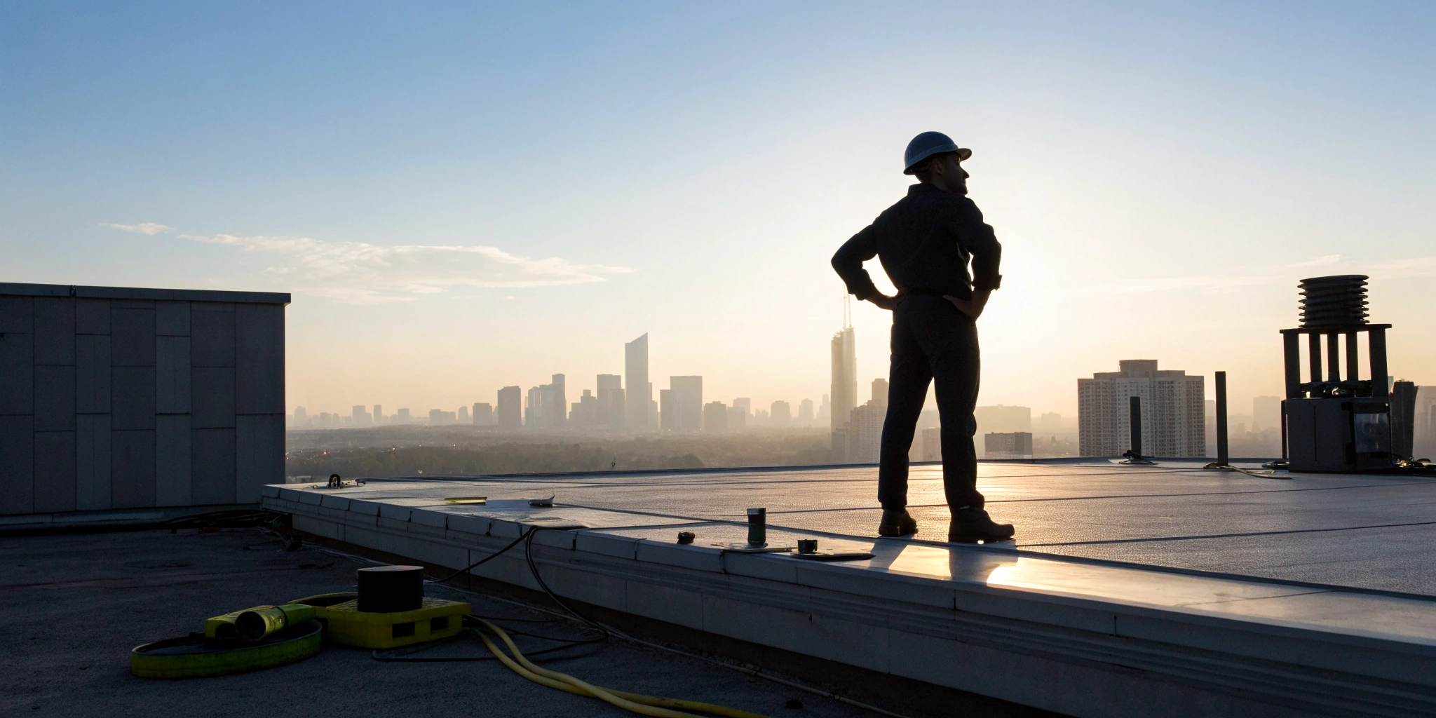 A certified commercial roof inspector walking a large flat rooftop at sunrise.