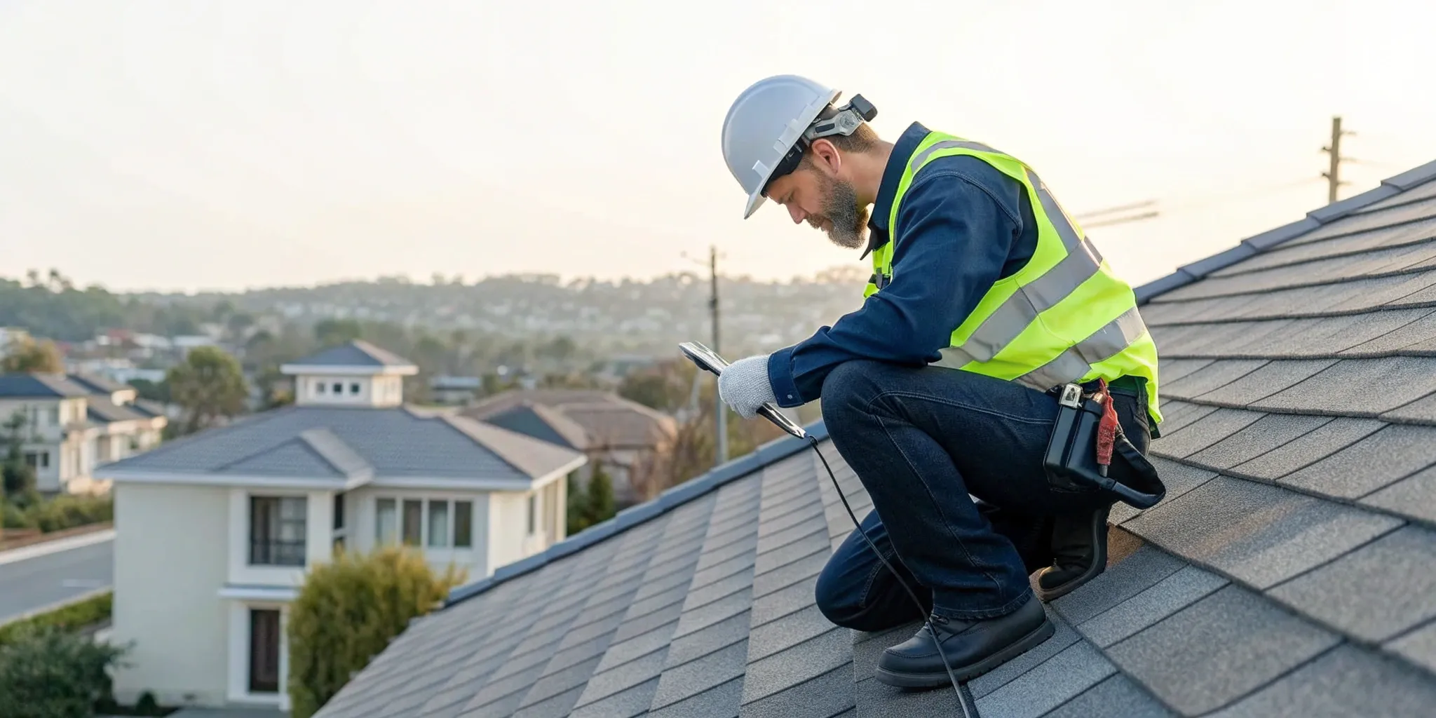 Certified roof inspector documenting a tile roof on a California home during a rooftop inspection.