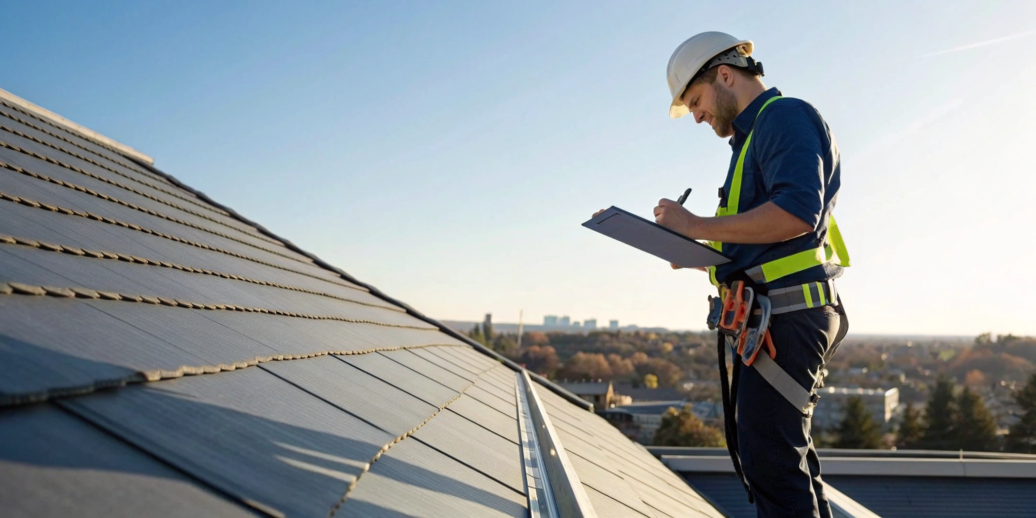 Roof inspector writing up a roof inspection report on a clipboard beside a sloped roof.