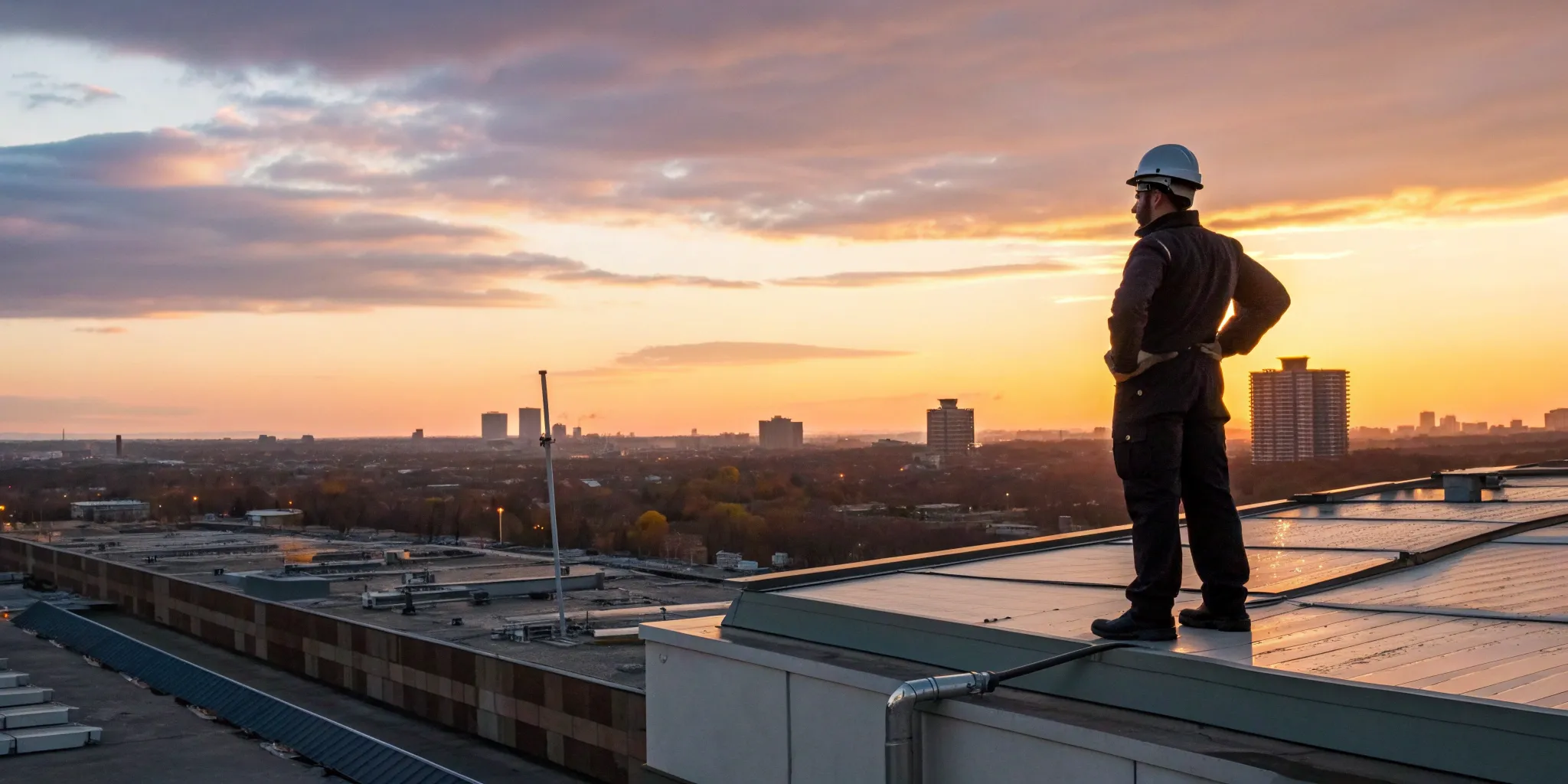 Commercial roof inspector walking a low-slope membrane roof at sunset.
