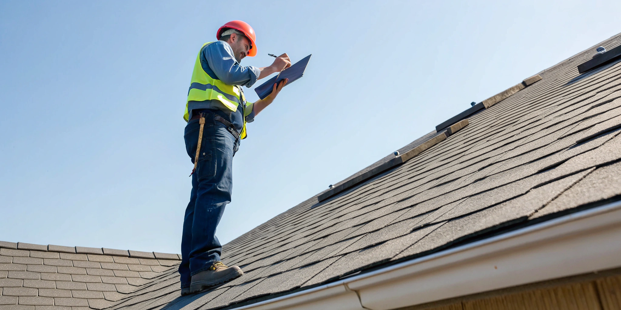Roof inspector examining shingles during a roof certification for selling a house.