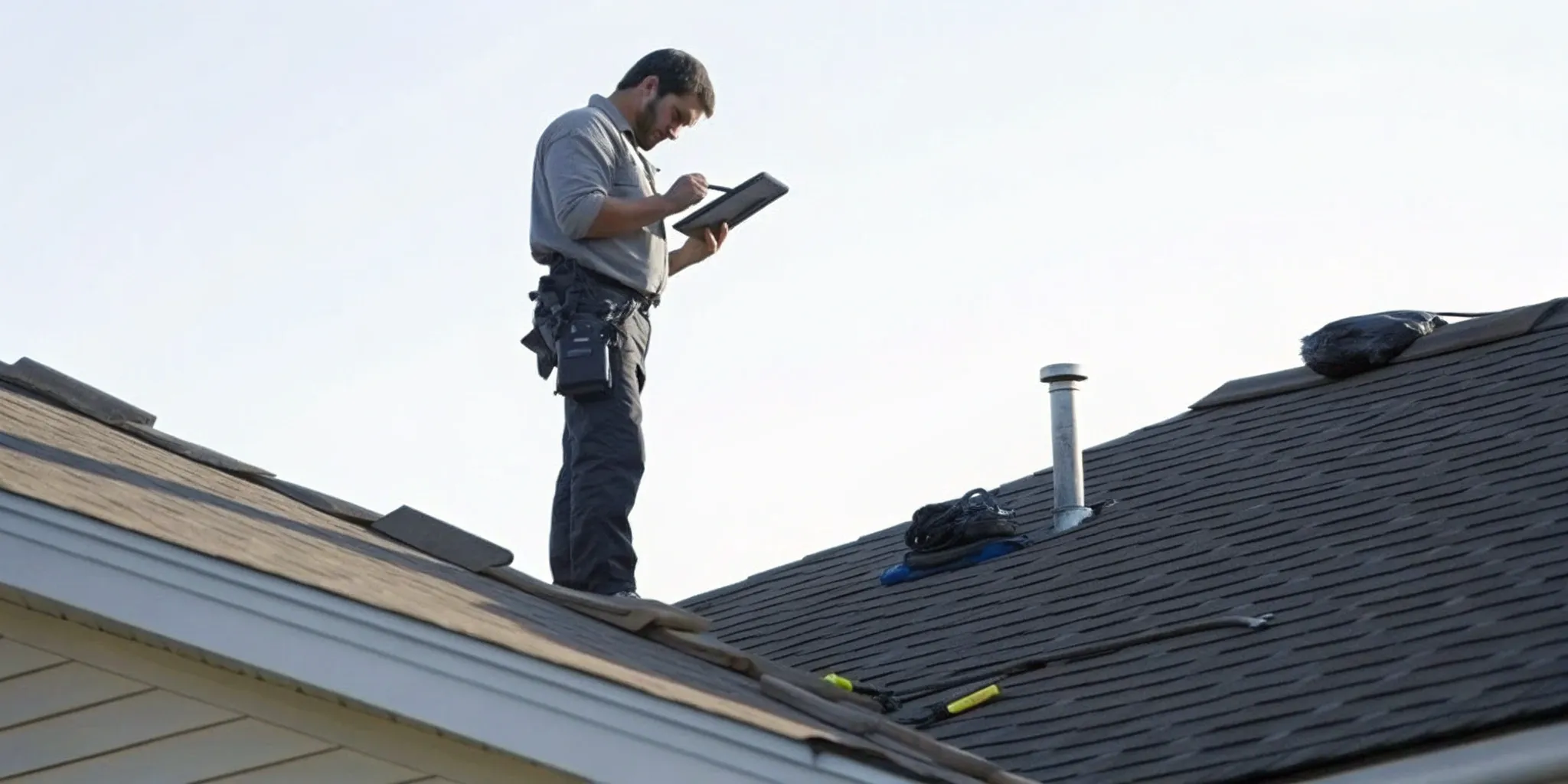 Roof damage expert examining storm-damaged asphalt shingles and documenting the findings