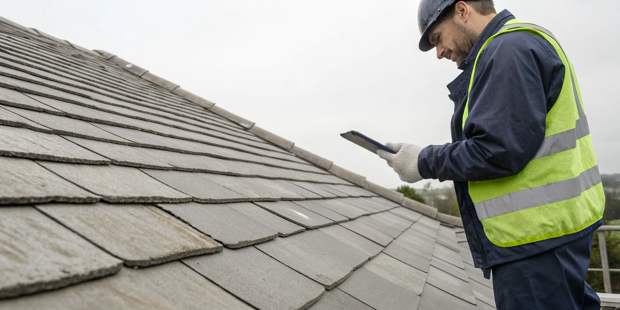Inspector photographing hail-damaged shingles while preparing a storm damage roof assessment report