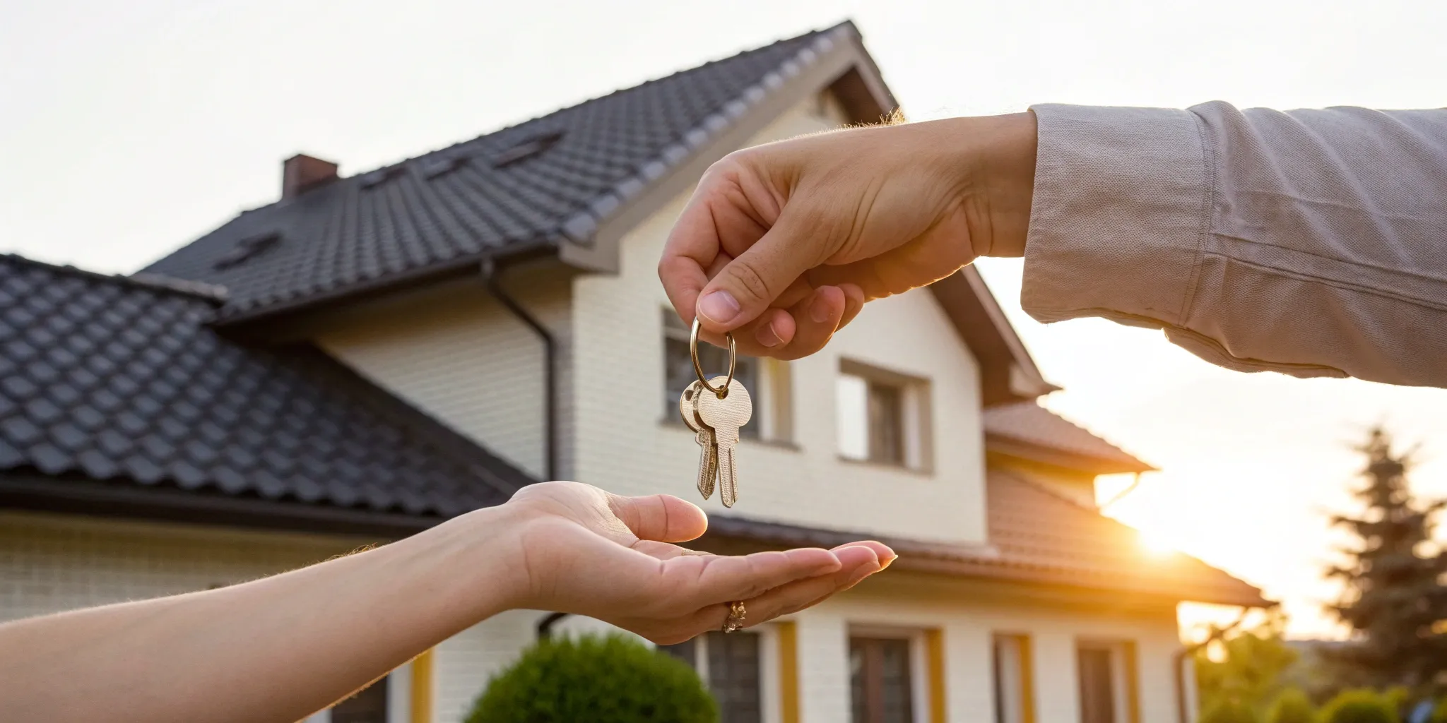 Seller handing house keys and roof warranty transfer paperwork to a new owner.
