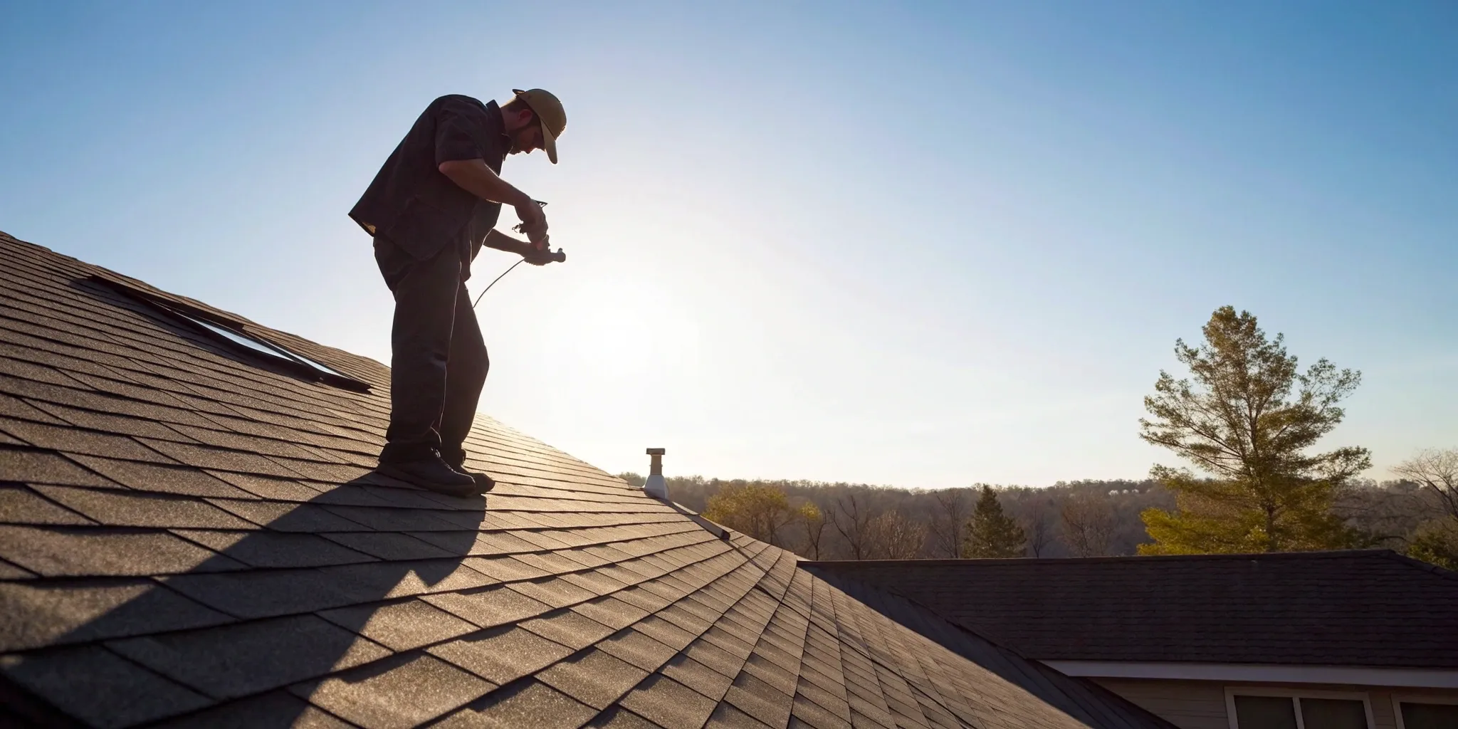 A roofer inspecting shingles during a roof certification, the subject of roof certification vs warranty.