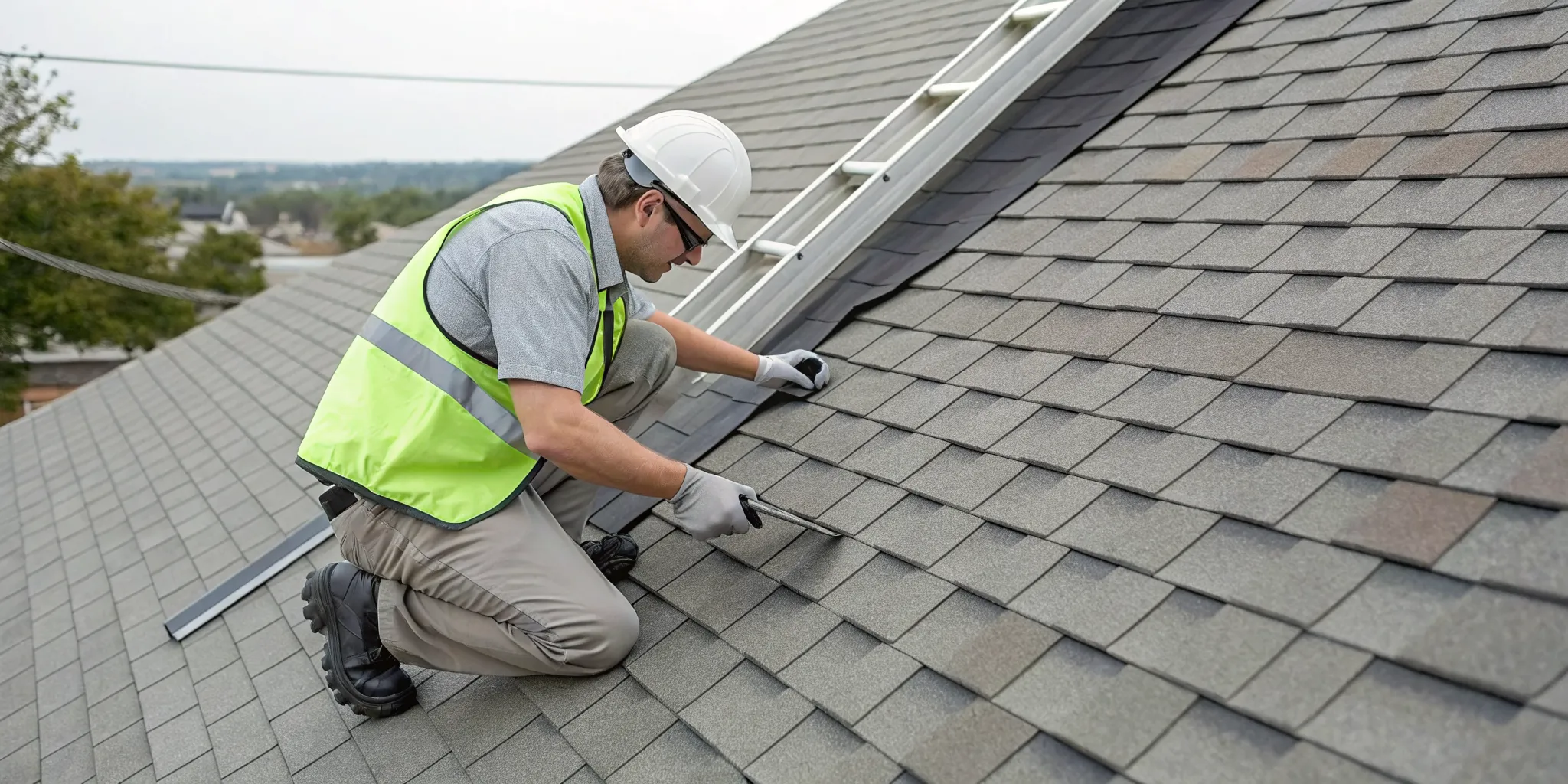Accredited inspector checking shingles and flashing during a roof certification for insurance.