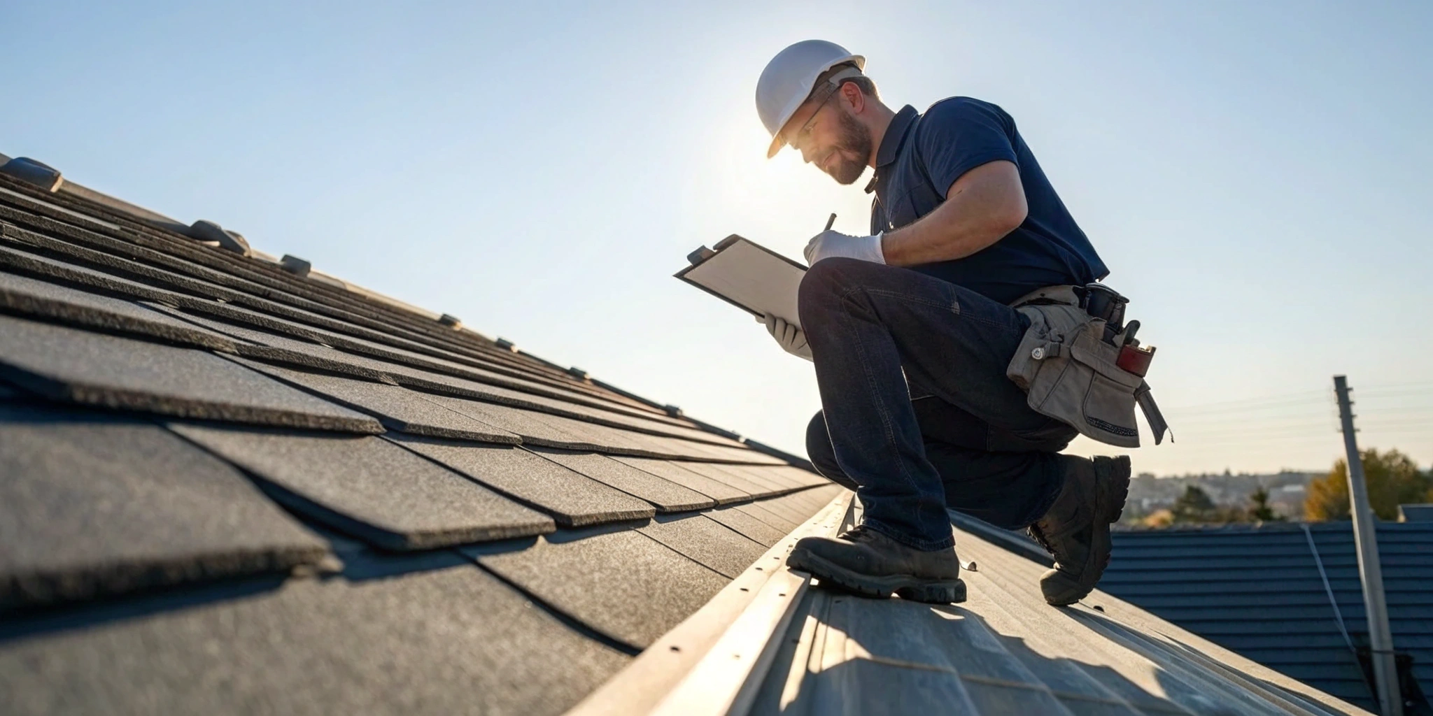 Inspector in safety gear on a roof, work that follows a roof certification training cost.
