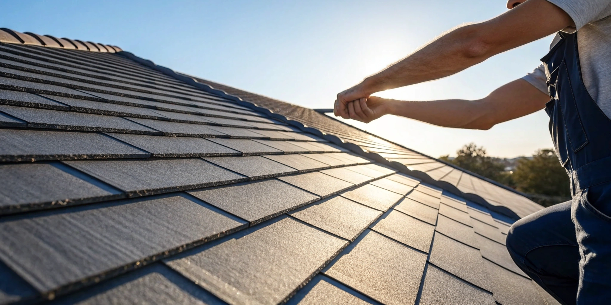 An inspector checks shingles while reviewing roof certification warranty paperwork.