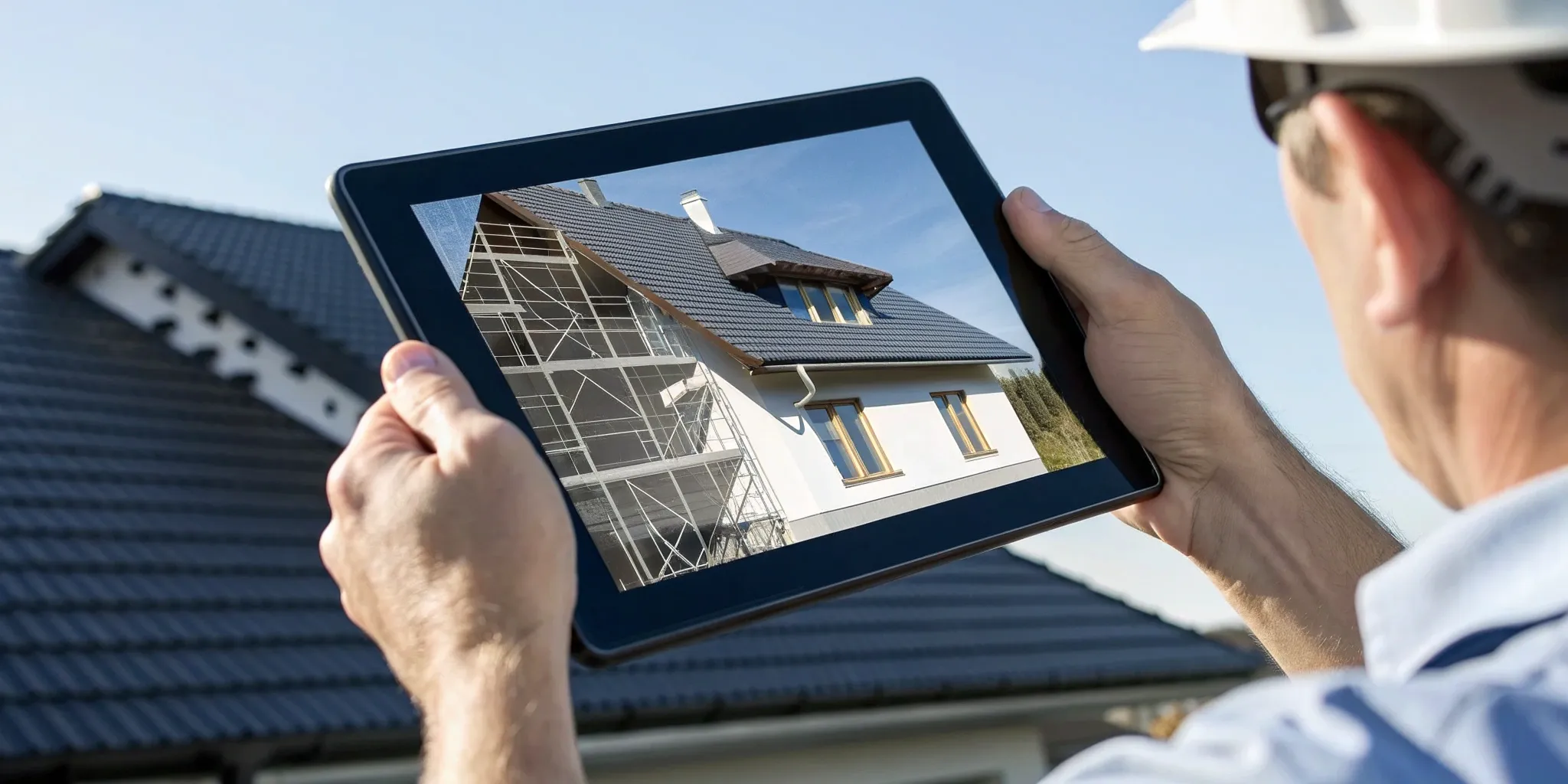 Inspector reviewing a roof inspection cost calculator estimate on a tablet beside a shingle roof.