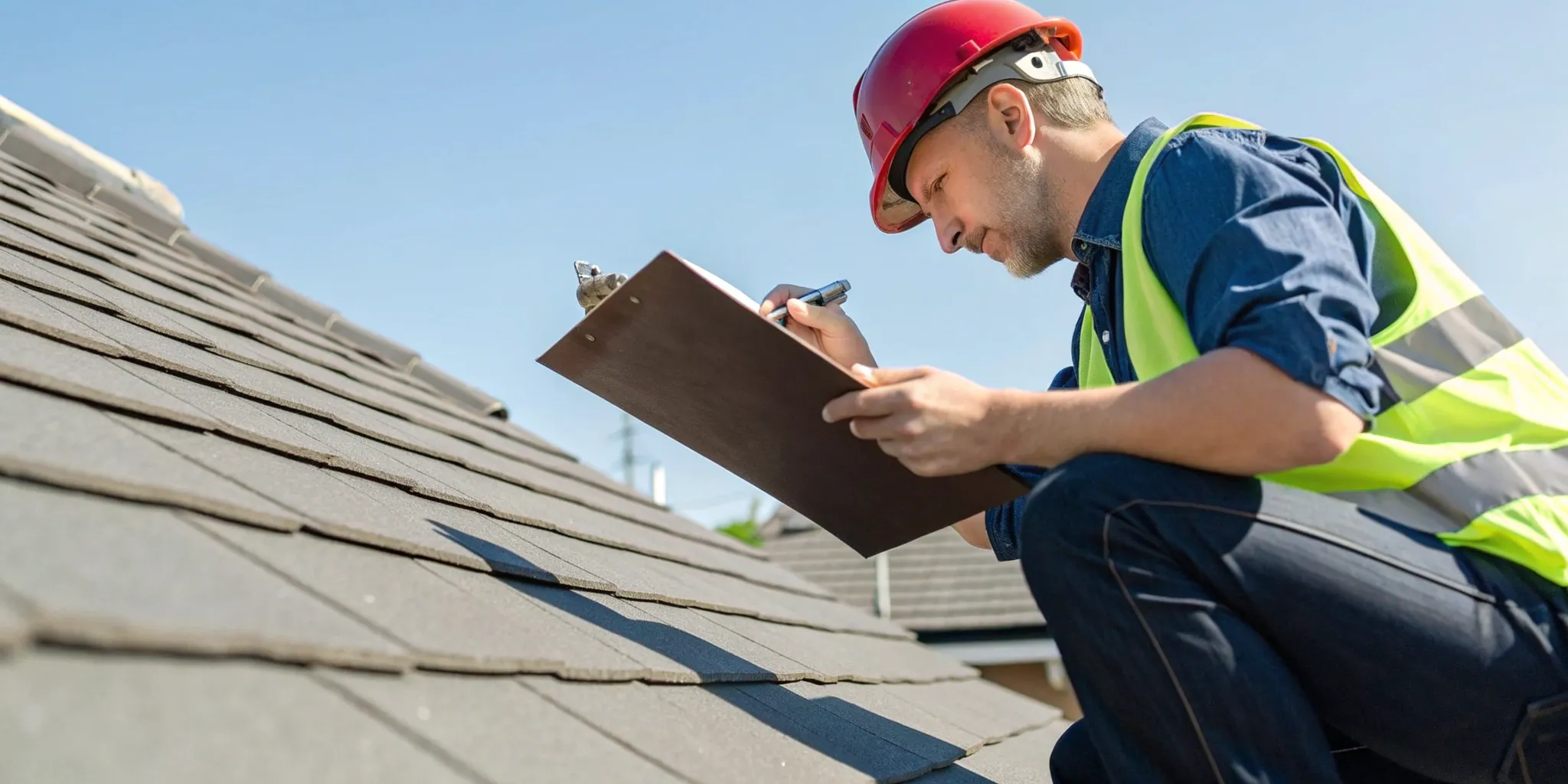 Roof inspector examining shingles on a residential roof to determine roof inspection cost factors.