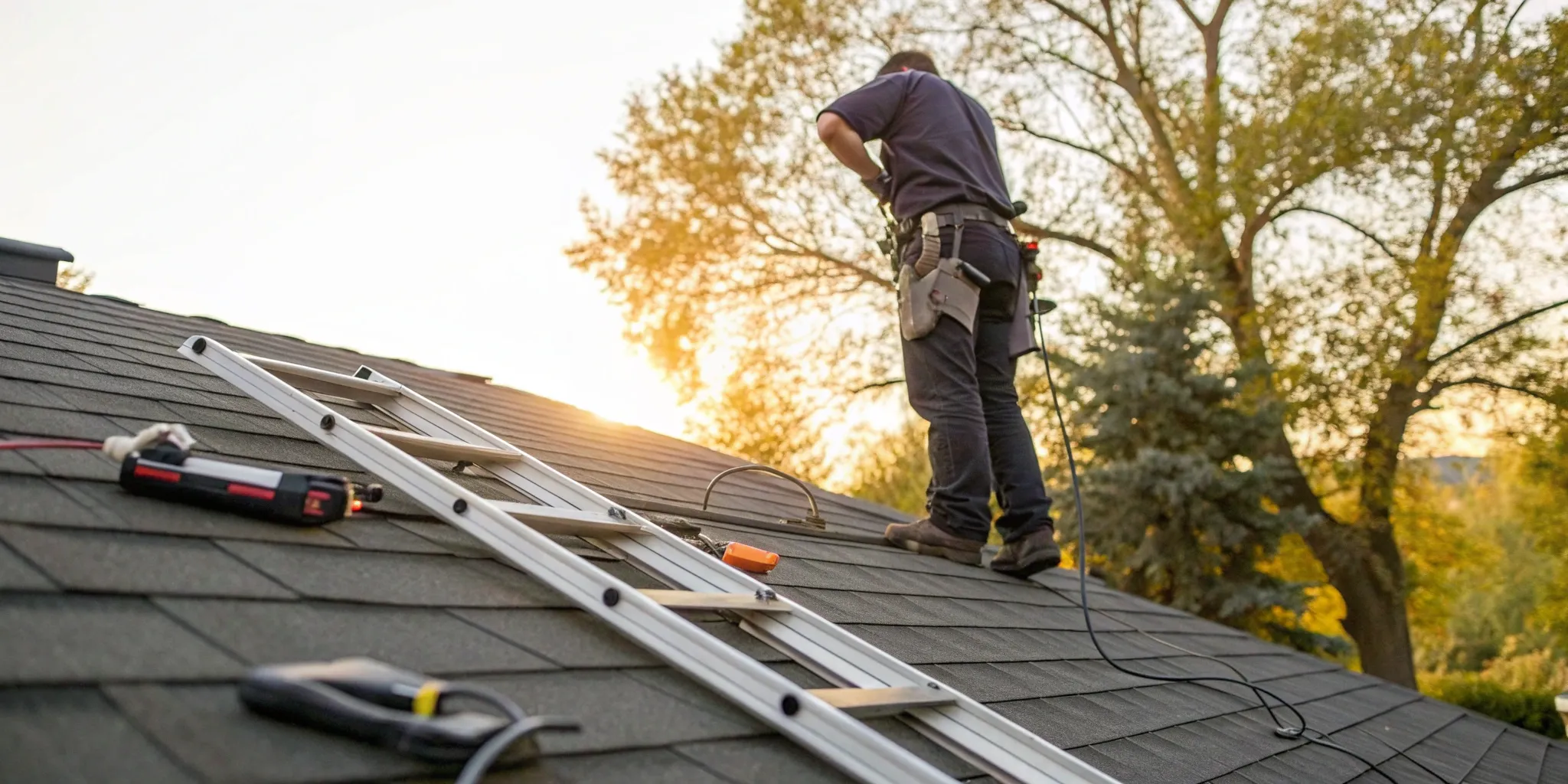 Inspector assessing a shingle roof during a paid roof inspection, the work behind a roof inspection cost.