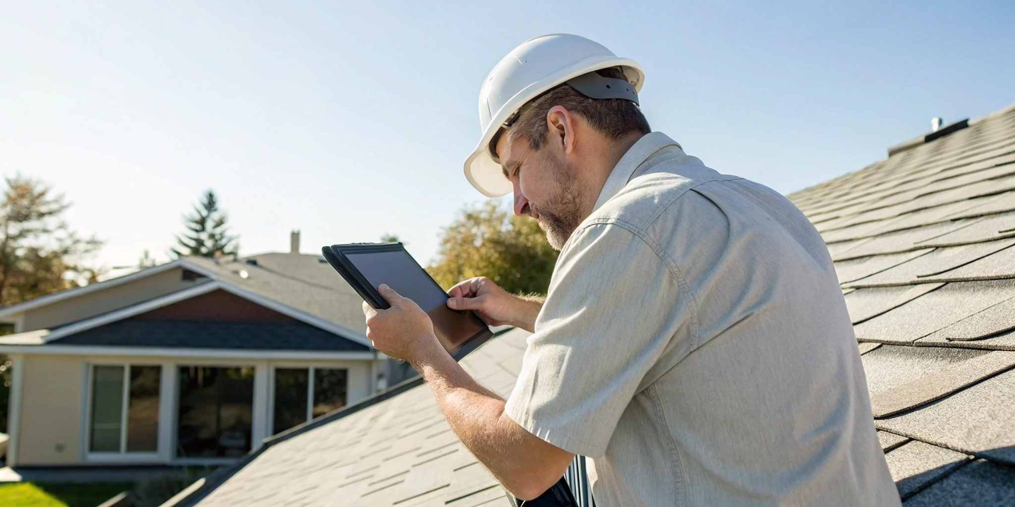 Inspector on a roof using a tablet to complete a roof inspection report for insurance.