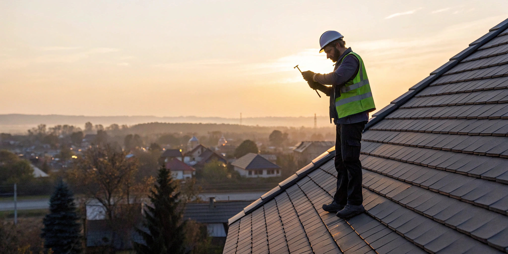 Roof inspector at work on a residential roof, a career that starts with roof inspector course cost.
