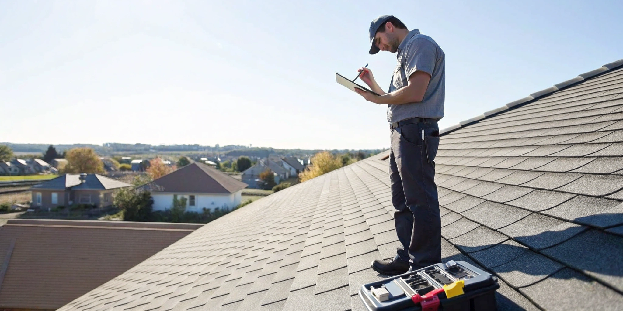 Roof inspector examining shingles and flashing on a house during a real estate transaction