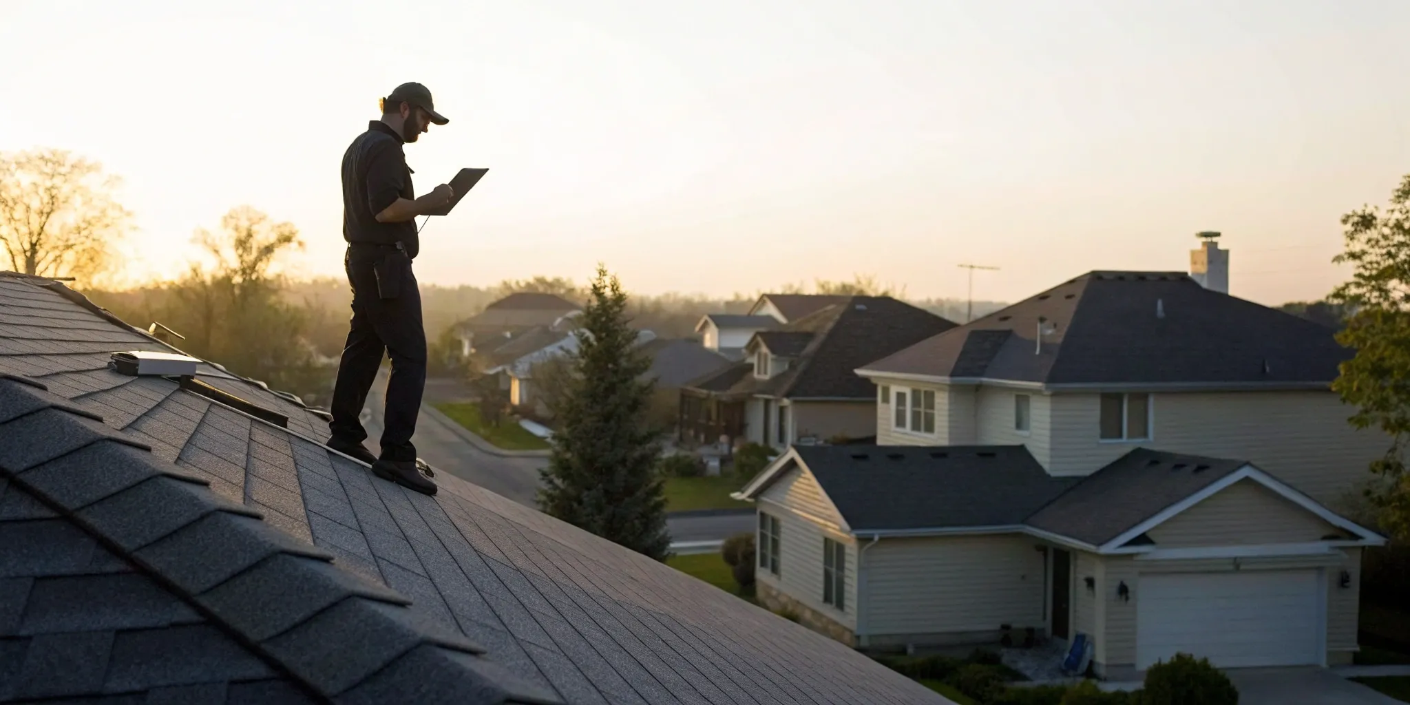 Roof inspector documenting shingle condition on a tablet, matching the roof inspector job description.