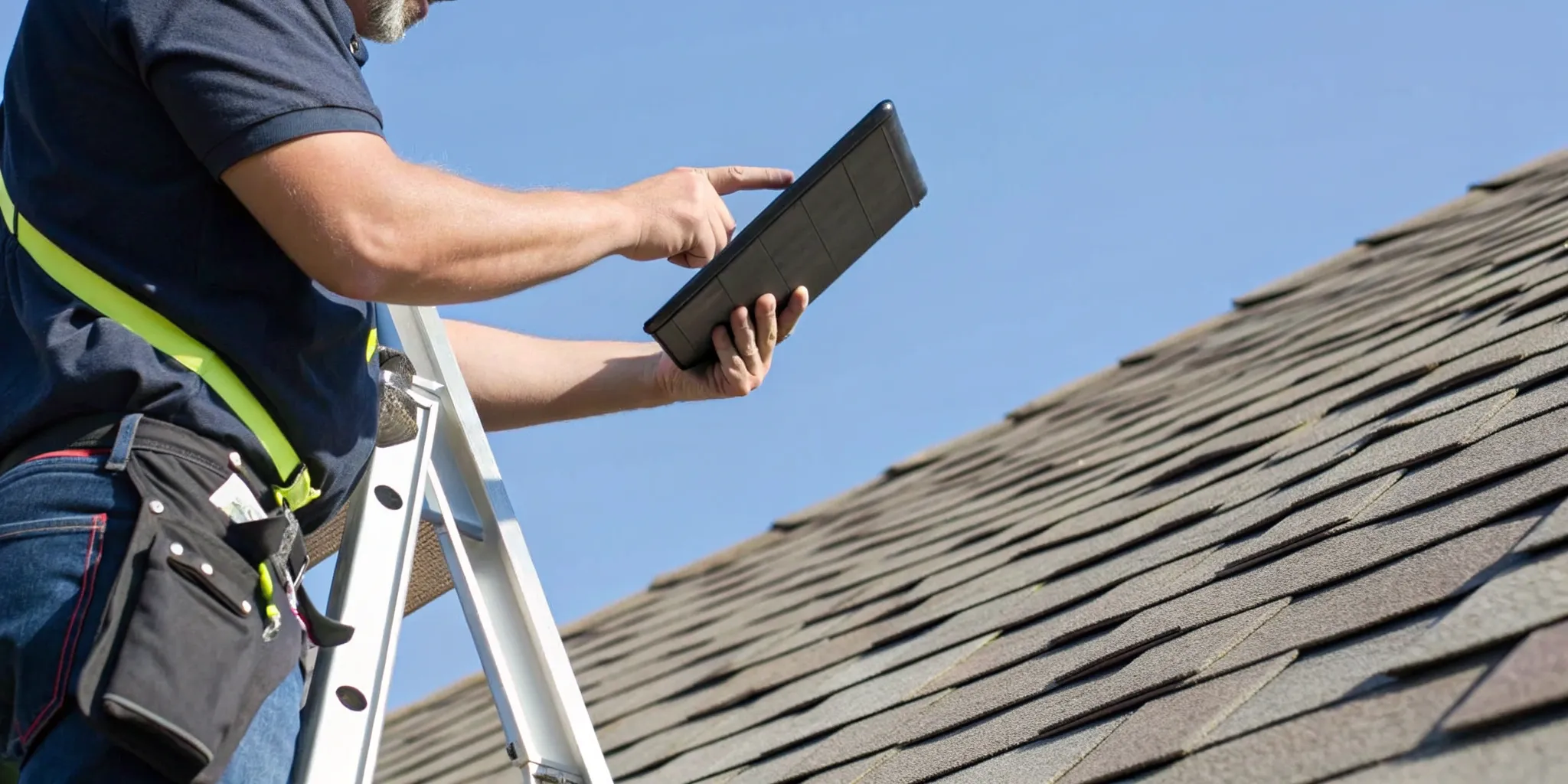 Inspector checking flashing during a professional roof inspection on asphalt shingles.
