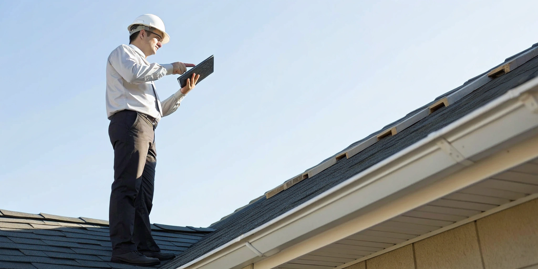 Inspector on a sloped roof during a roof inspector training course, documenting shingle condition.