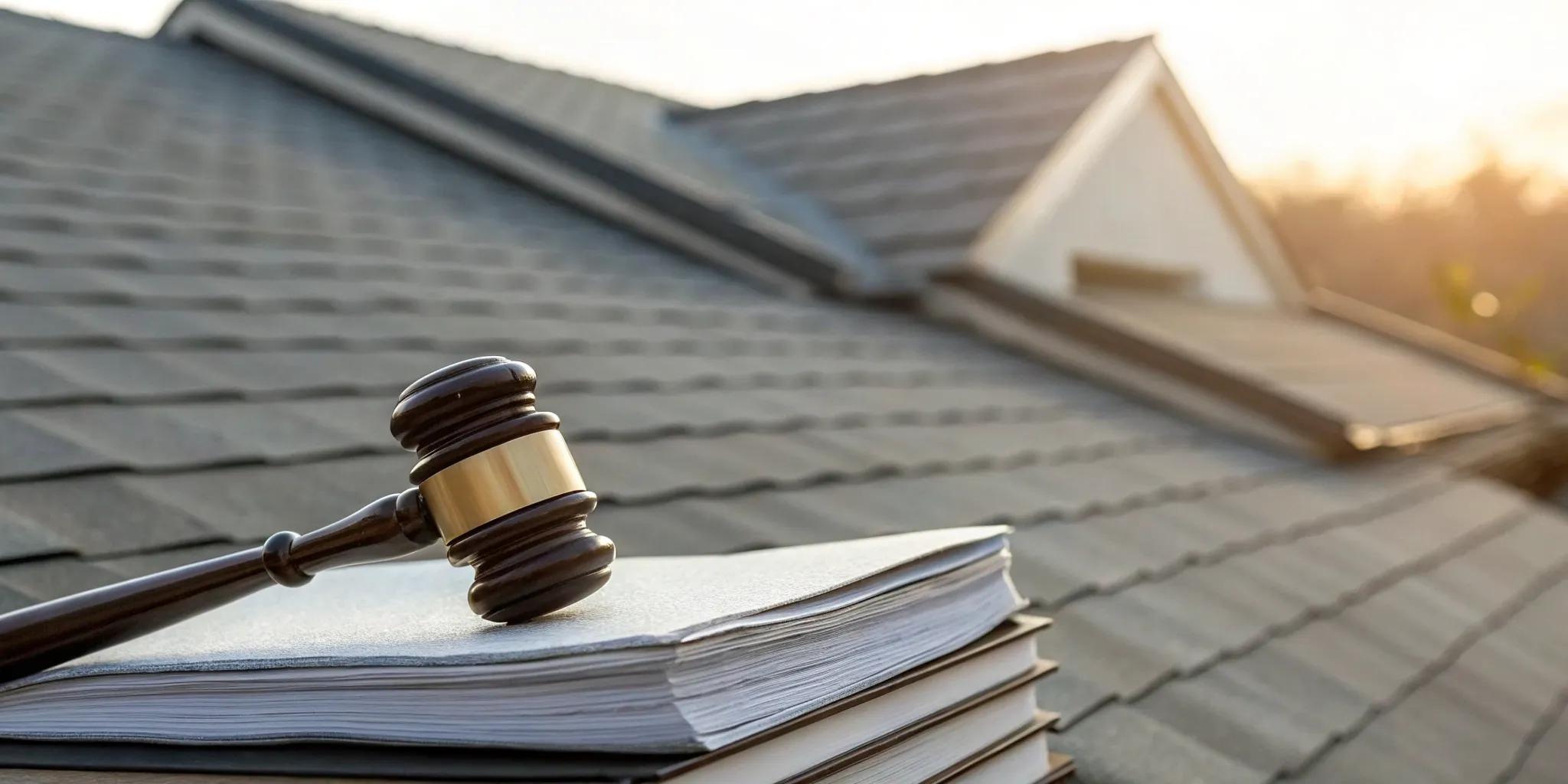 Gavel and legal documents beside a roof plan during a roof expert witness review