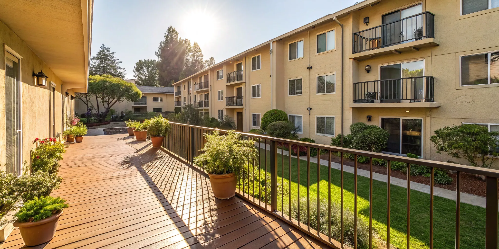 Wooden deck on an apartment building awaiting a deck inspection for apartments, showing weathered boards and railing.
