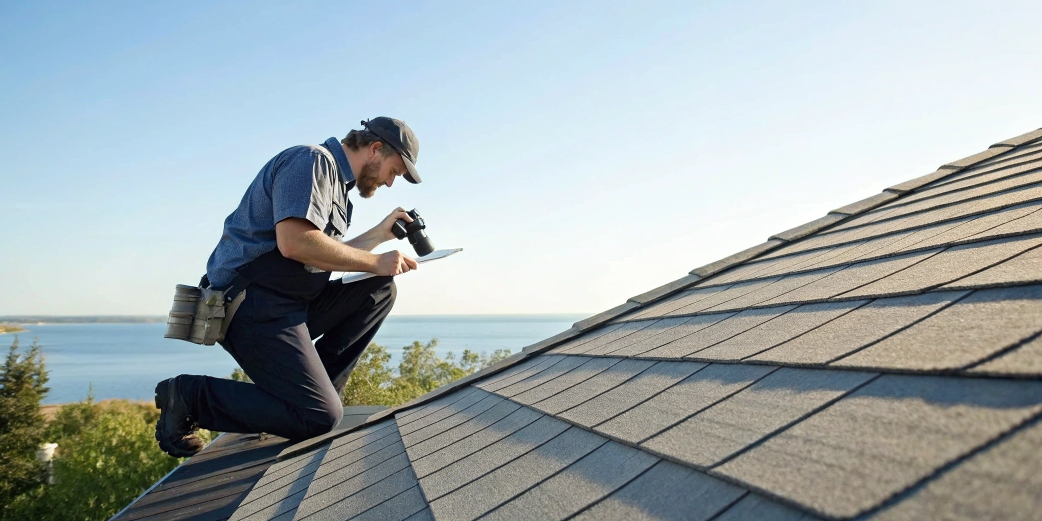 A roof inspector examining shingles on a sloped roof, a skill built in online roof inspector training.