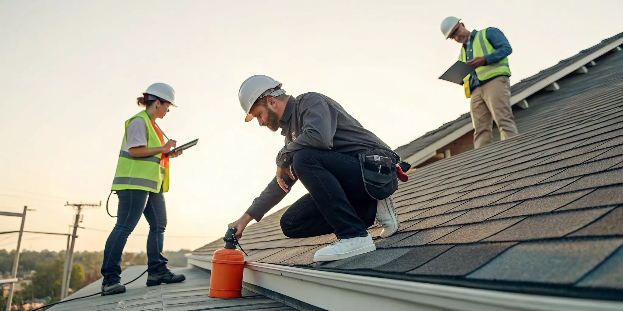 Two inspectors in safety gear carrying out hands-on roof inspection training on a sloped roof.