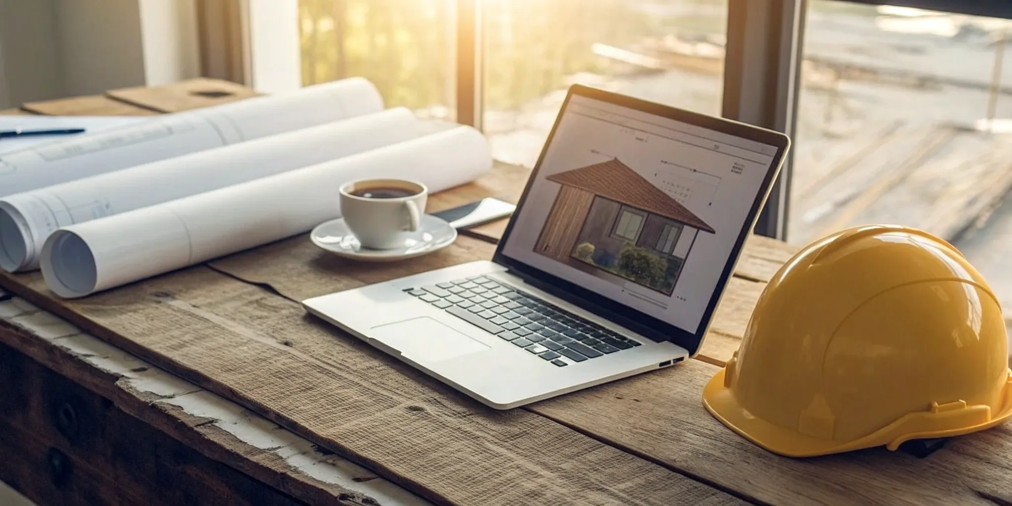 A desk with a laptop, hard hat and blueprints set up for roofing certification classes online.