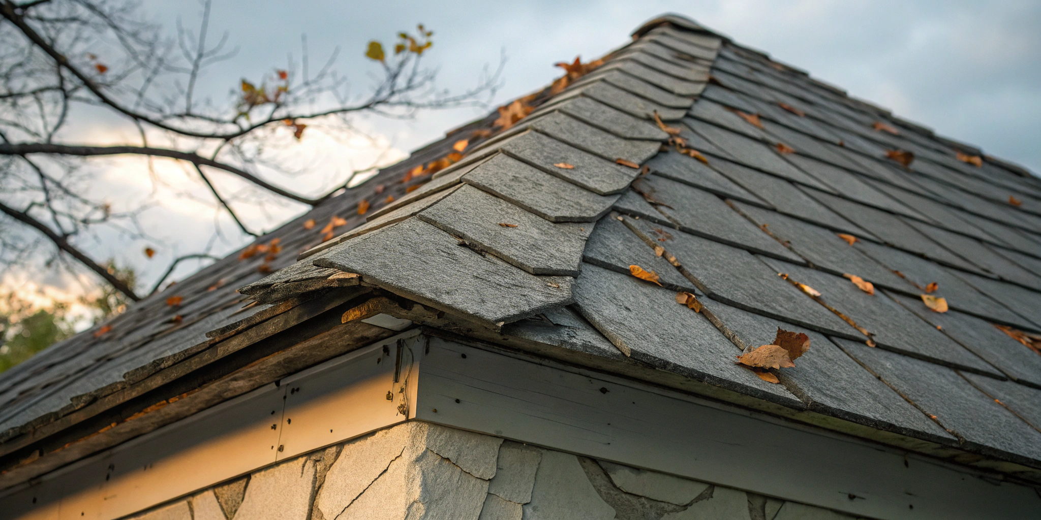 Cracked and curling shingles showing what causes roof material failure over time.
