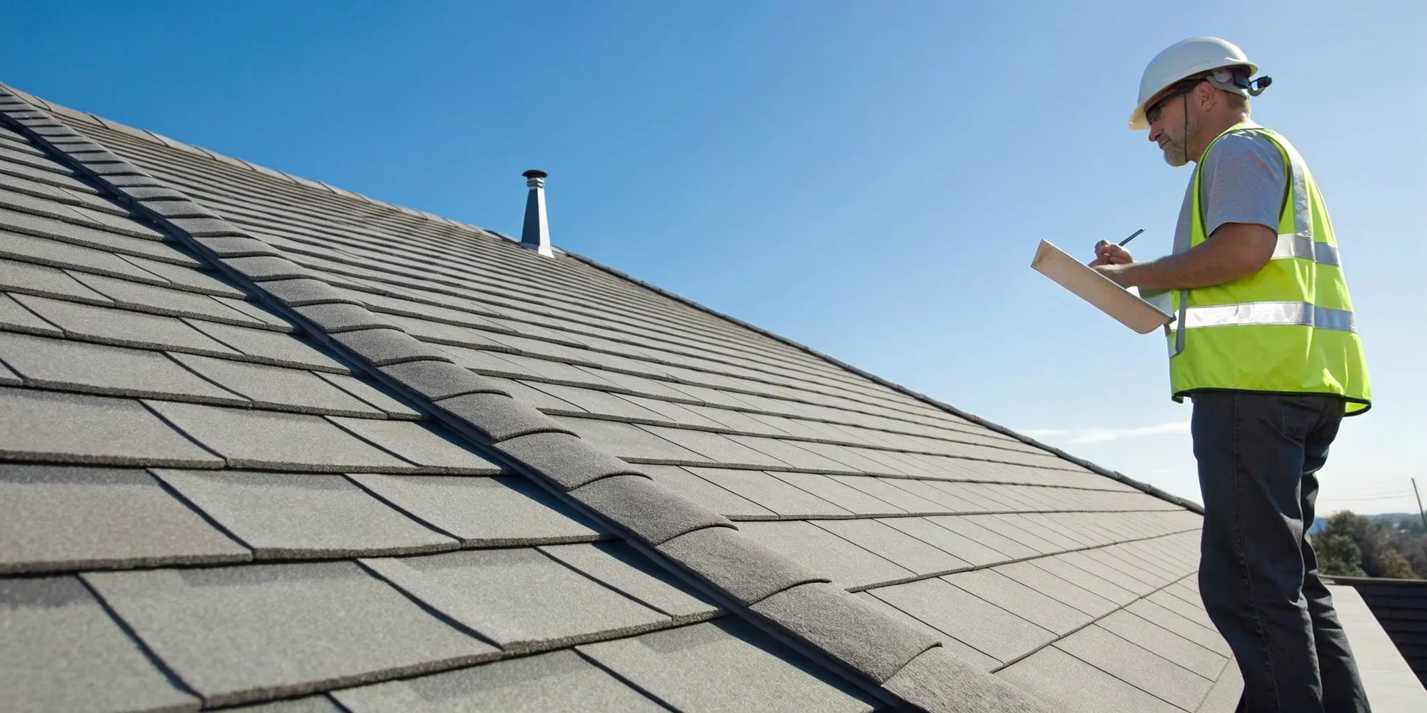Roof inspector examining shingles while documenting what a roof certification warranty covers.