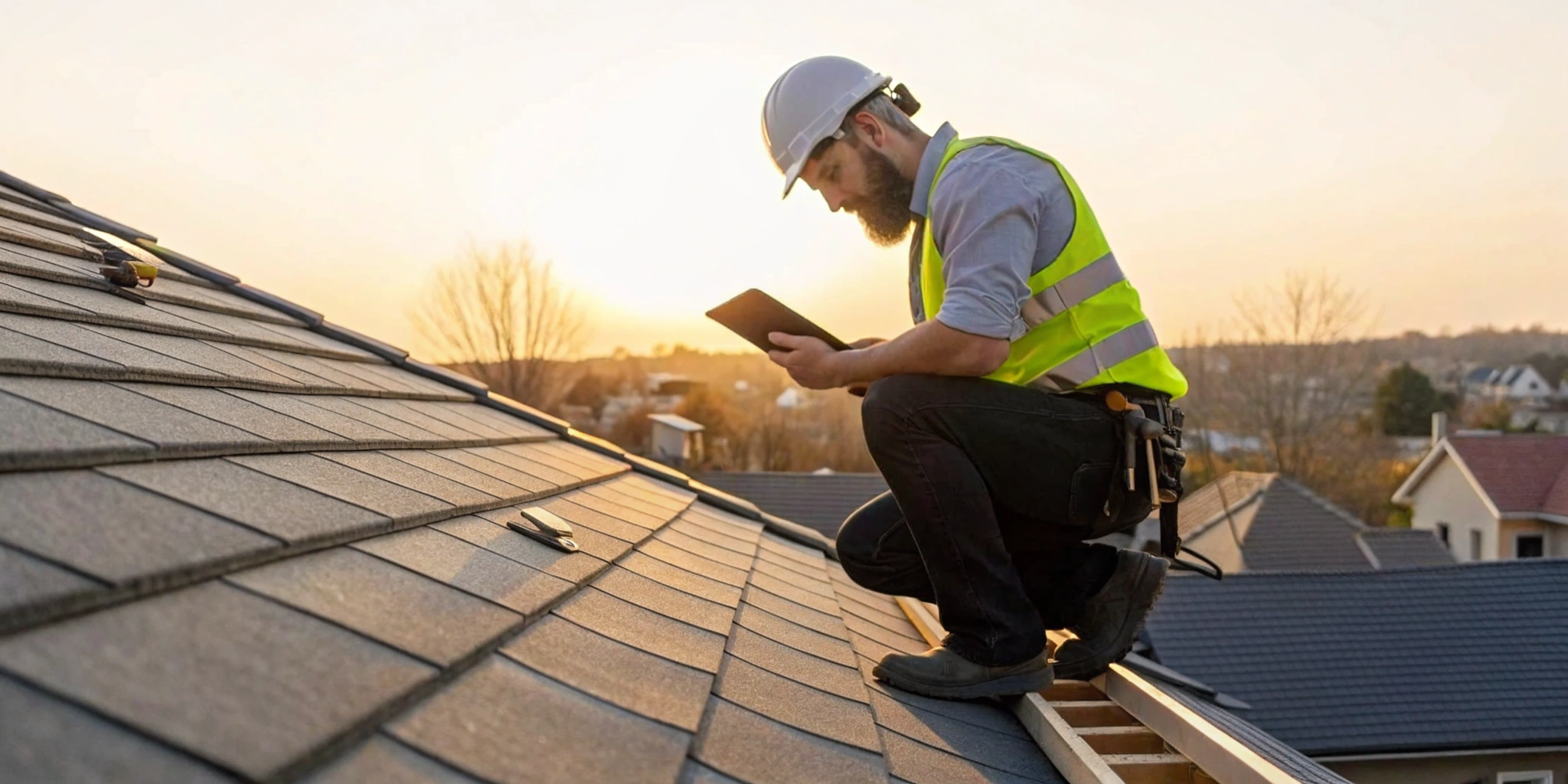 A roof failure cause and origin expert photographing damaged shingles during a forensic investigation