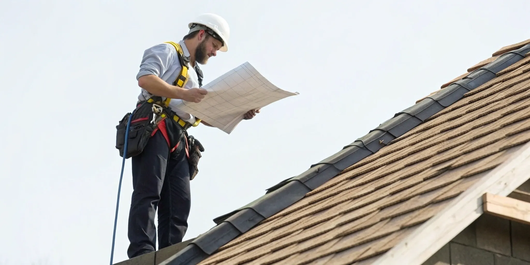 Forensic roof inspector reviewing construction drawings on a shingle roof while documenting roof expert witness qualifications work.